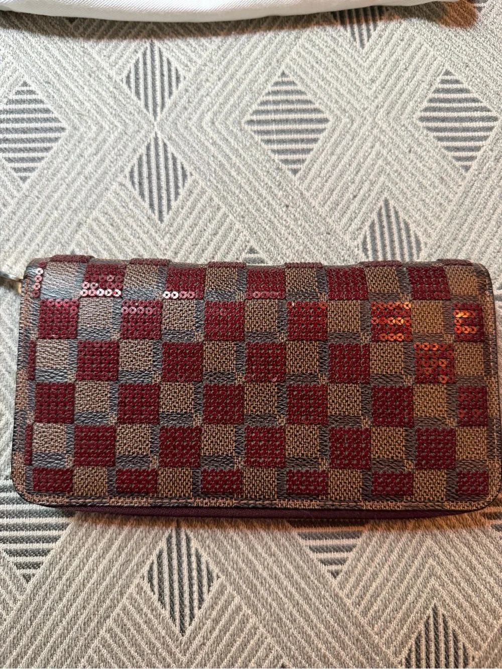 Louis Vuitton Damier Ebene Sequin Zip Around Wallet in Brown and Red